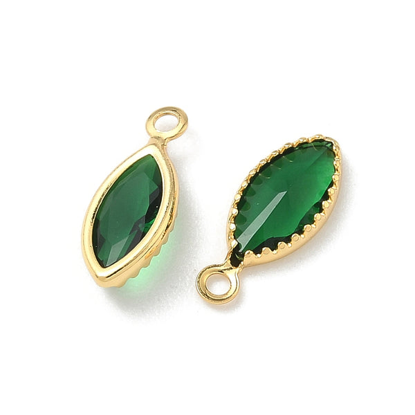 Glass cat eye shape genuine 18K gold plated charm x 6 pieces - 1.1cm green