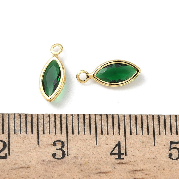 Glass cat eye shape genuine 18K gold plated charm x 6 pieces - 1.1cm green
