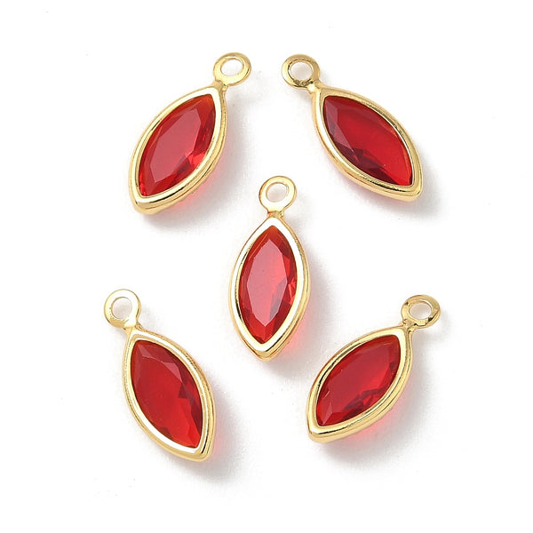 Glass cat eye shape genuine 18K gold plated border charm x 6 pieces - 1.1cm red