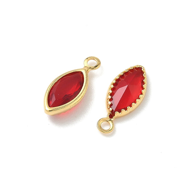 Glass cat eye shape genuine 18K gold plated border charm x 6 pieces - 1.1cm red