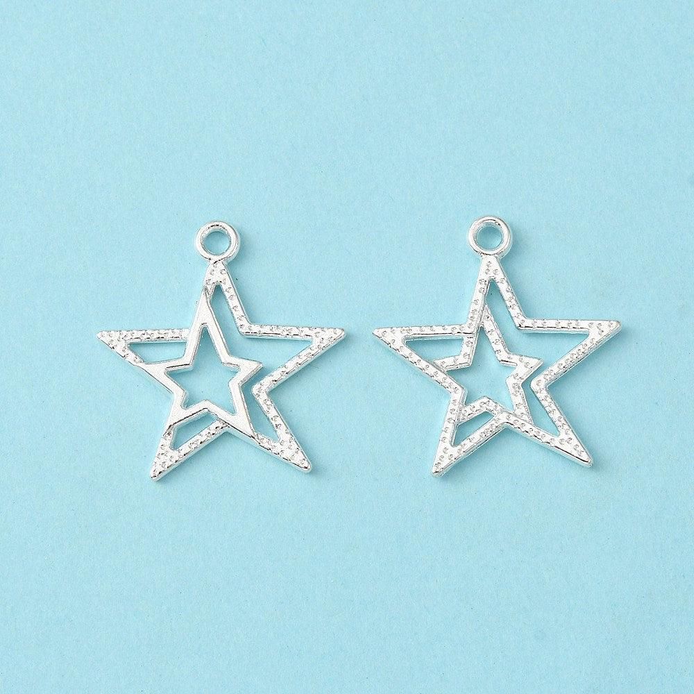 Bright silver star charms x 10 pieces