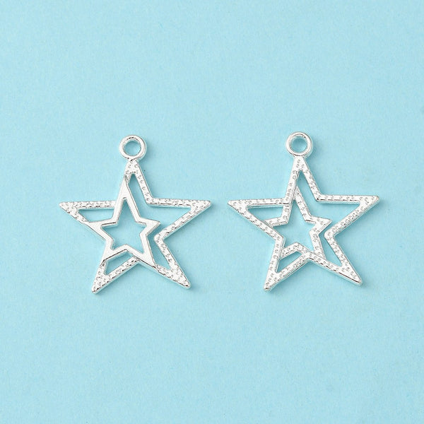 Bright silver star charms x 10 pieces