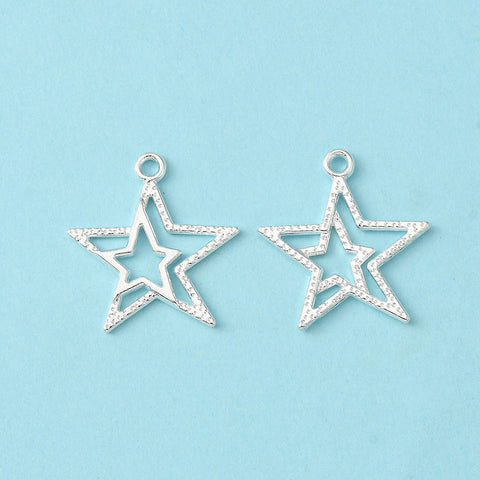 Bright silver star charms x 10 pieces