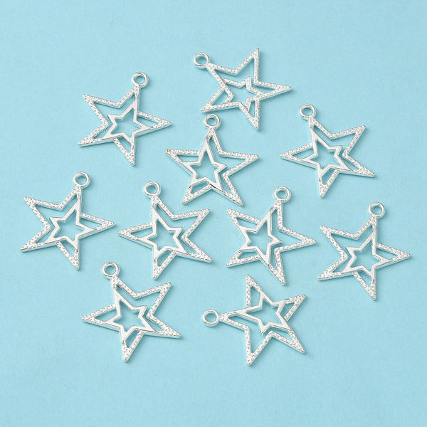 Bright silver star charms x 10 pieces