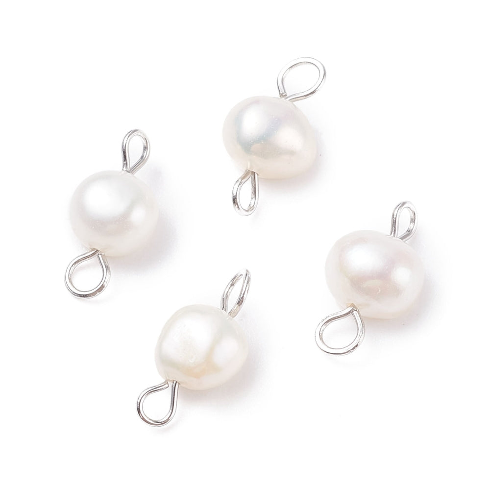 Natural fresh water pearl 2 loops - silver charms - pack of 6