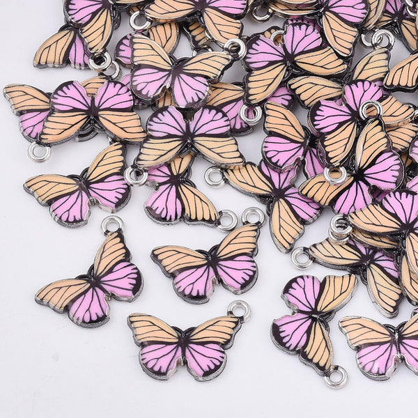 Platinum plated pink butterfly charms - pack of 6