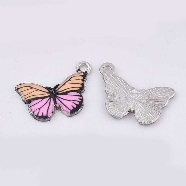 Platinum plated pink butterfly charms - pack of 6