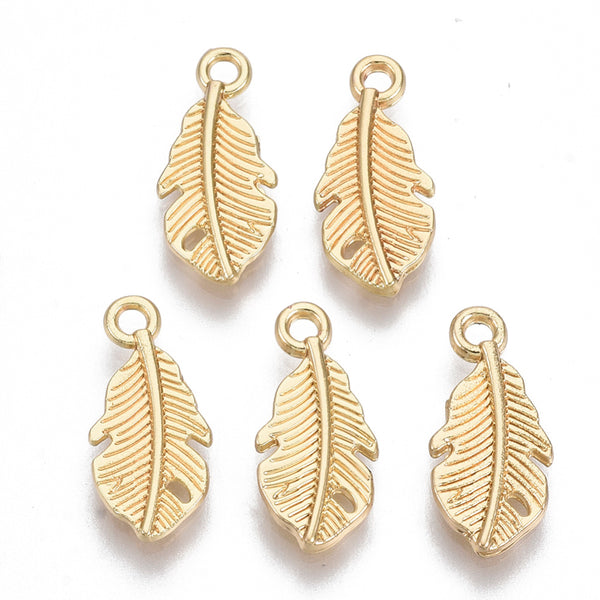 Gold plated small feather charms x 6 pieces