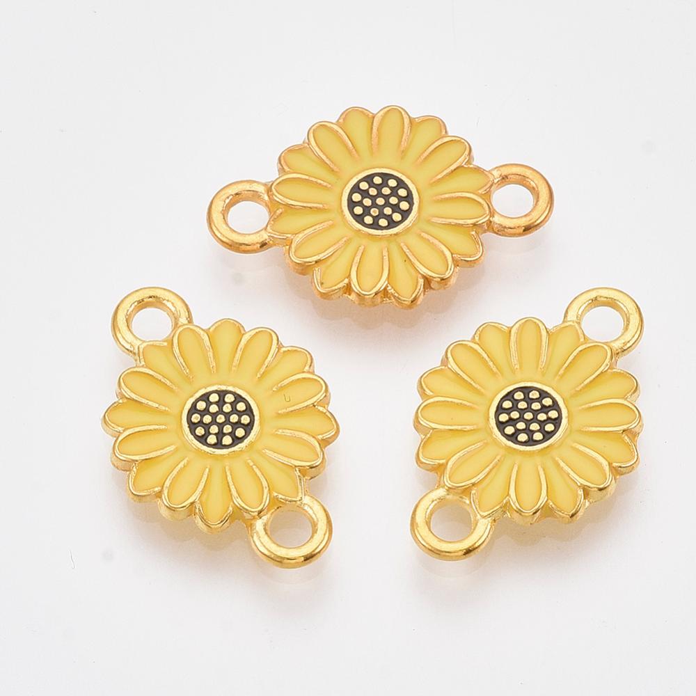 Gold plated enamel flower charm 2 hole connector x 6 pieces YELLOW