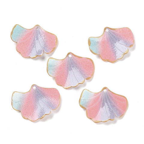 Pink with gold border ginkgo charms  x 4 pieces