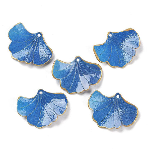Blue with gold border ginkgo charms  x 4 pieces