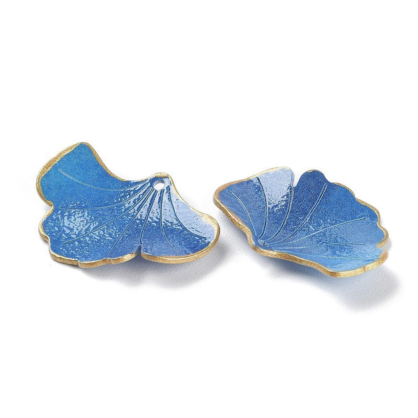 Blue with gold border ginkgo charms  x 4 pieces