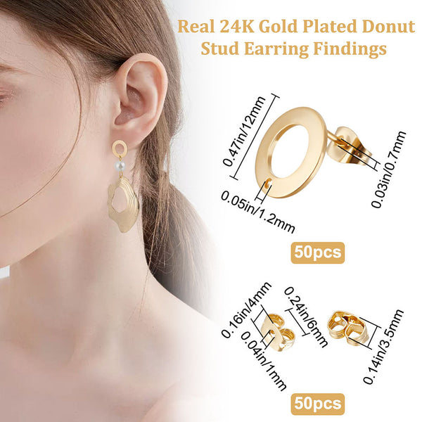 Round donut genuine 24K gold plated earring stud tops x 100 pieces