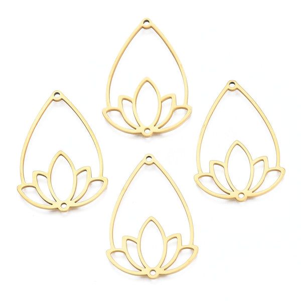 201 stainless steel genuine 18K gold plated lotus drop charm 2 holes x 4 pieces