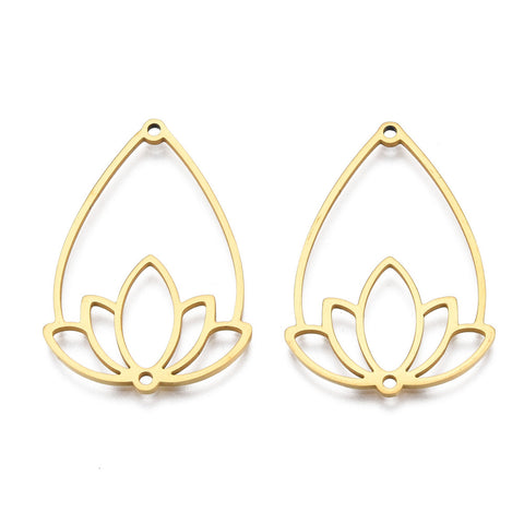 201 stainless steel genuine 18K gold plated lotus drop charm 2 holes x 4 pieces