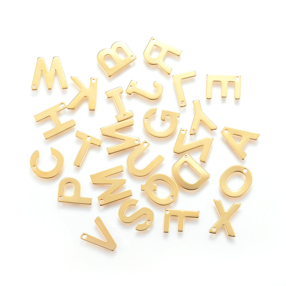 Gold plated Stainless steel block initial charms - full alphabet set