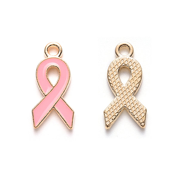 Gold plated enamel pink ribbon breast cancer charms - pack of 6