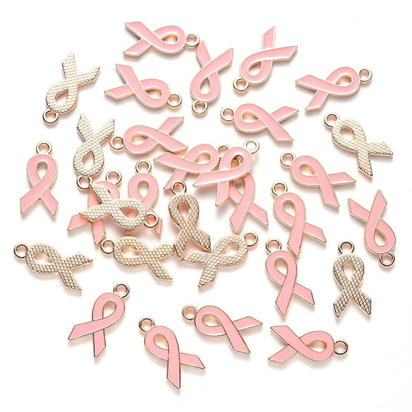 Gold plated enamel pink ribbon breast cancer charms - pack of 6