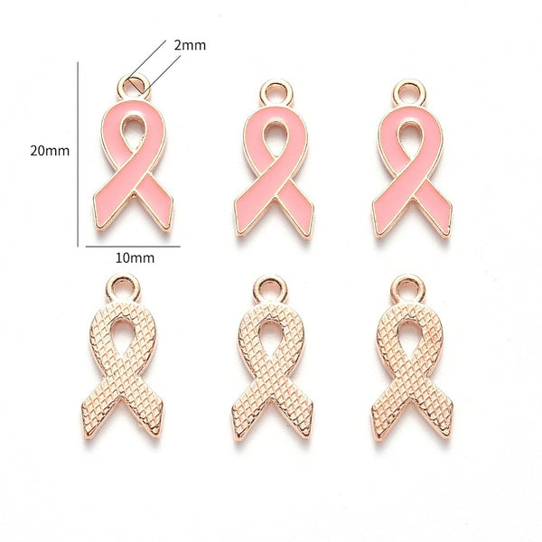 Gold plated enamel pink ribbon breast cancer charms - pack of 6