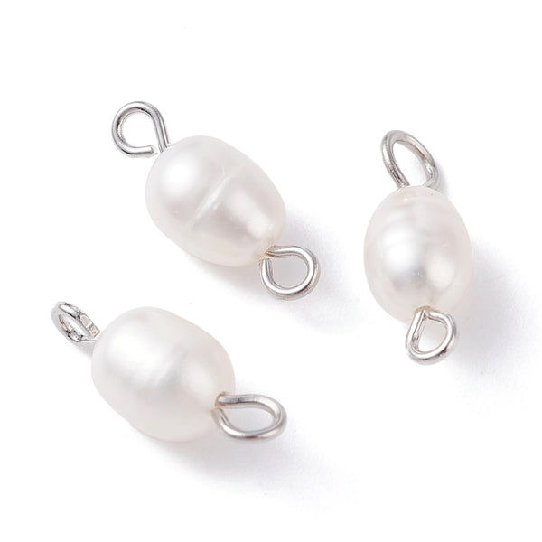 Natural fresh water pearl - charms one hole connector stainless steel - pack of 6