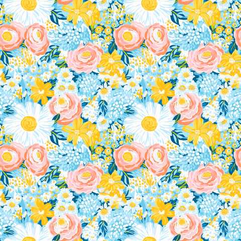 Bright yellow, pinks & blue floral art pattern water transfer