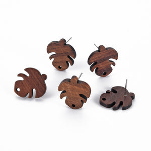 Monstera Walnut stud tops with stainless steel posts x 6 pieces