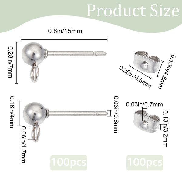 BULK 4mm silver 304 stainless steel ball stud post 200 x pieces