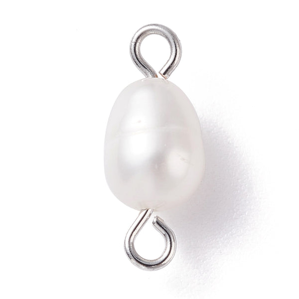 Natural fresh water pearl - charms one hole connector stainless steel - pack of 6