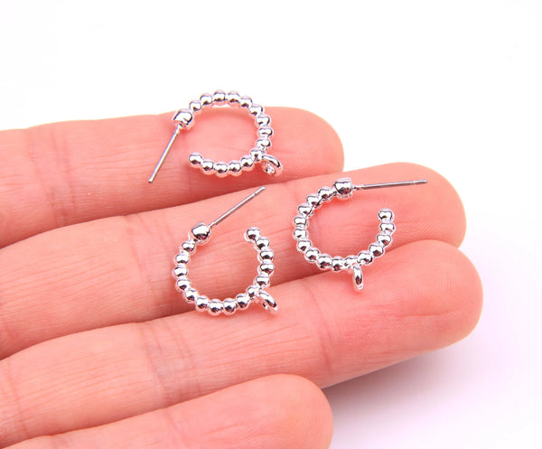 Silver plated bead look open hoop stainless steel post stud tops x 6