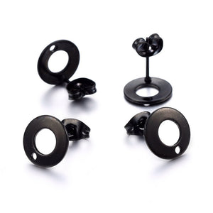 Black stainless steel round stud earring post - 20 x pieces