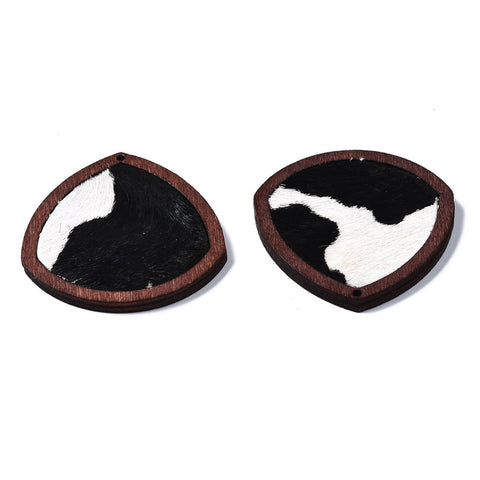 Wood & cowhide rounded triangular cow print charms x 2 pieces, 1 pair.