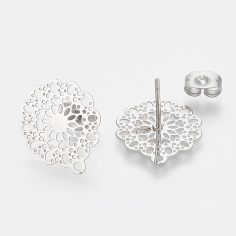 Filigree stainless steel stud earring posts and backs x 8 pieces