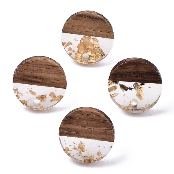 Walnut stud tops with stainless steel posts x 6 pieces - Round half clear with gold foil