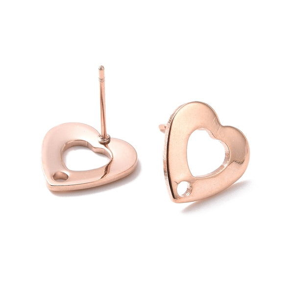 Genuine Rose gold plated heart stainless steel studs tops  x 10 pieces