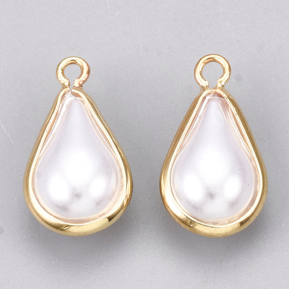 1.4cm Gold plated boarder drop pearl look charms - pack of 4