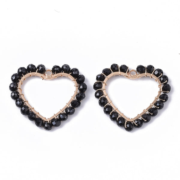 Black bead heart charms x 4