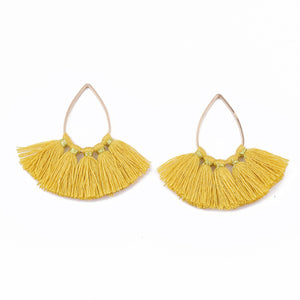 Mustard yellow cotton fan tassel on gold plated tear drop charms x 6 pieces