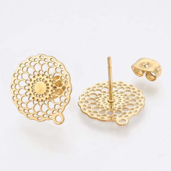 Filigree stainless steel gold plated stud earring post x 8 pieces