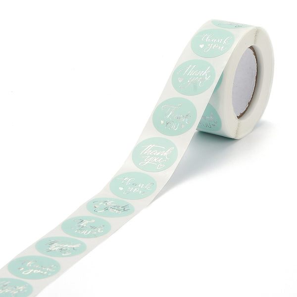 Thank you stickers - Turquoise blue & silver. Roll of 500