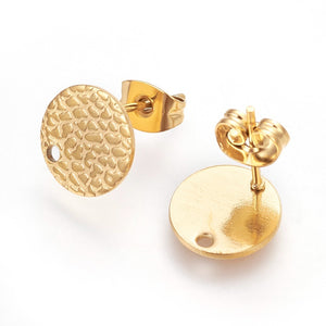 Gold stainless steel pebble pattern stud earring post 1cm x 1cm  - 20 x pieces