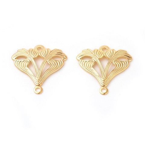 Gold plated art deco style leaf double hole connector charms x 6