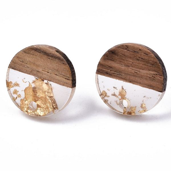Walnut stud tops with stainless steel posts x 6 pieces - Round half clear with gold foil