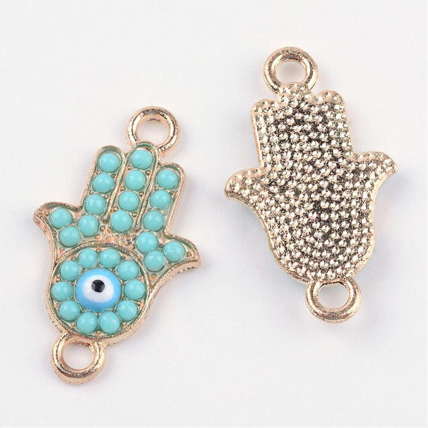 Turquoise & gold hand double connector charms x 6 pieces