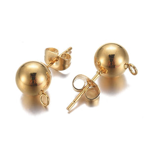 Large 8mm Genuine solid 24k Gold plated stainless steel ball studs & backs x 10 pieces