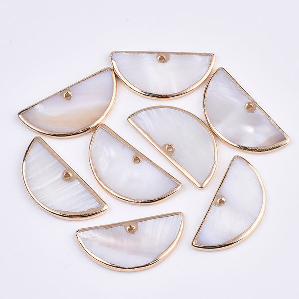 Natural fresh water shell half circle charm with gold detail - pack of 4