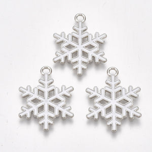 Silver plated snowflake with white detail charms x 6 pieces