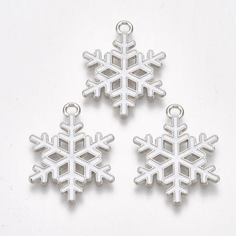 Silver plated snowflake with white detail charms x 6 pieces