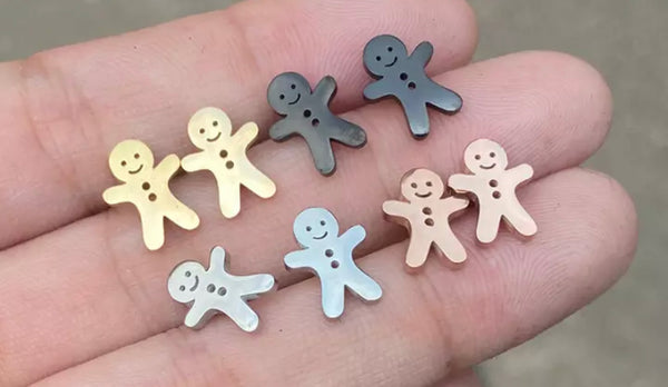 Gold gingerbread people stainless steel studs - 1 pair