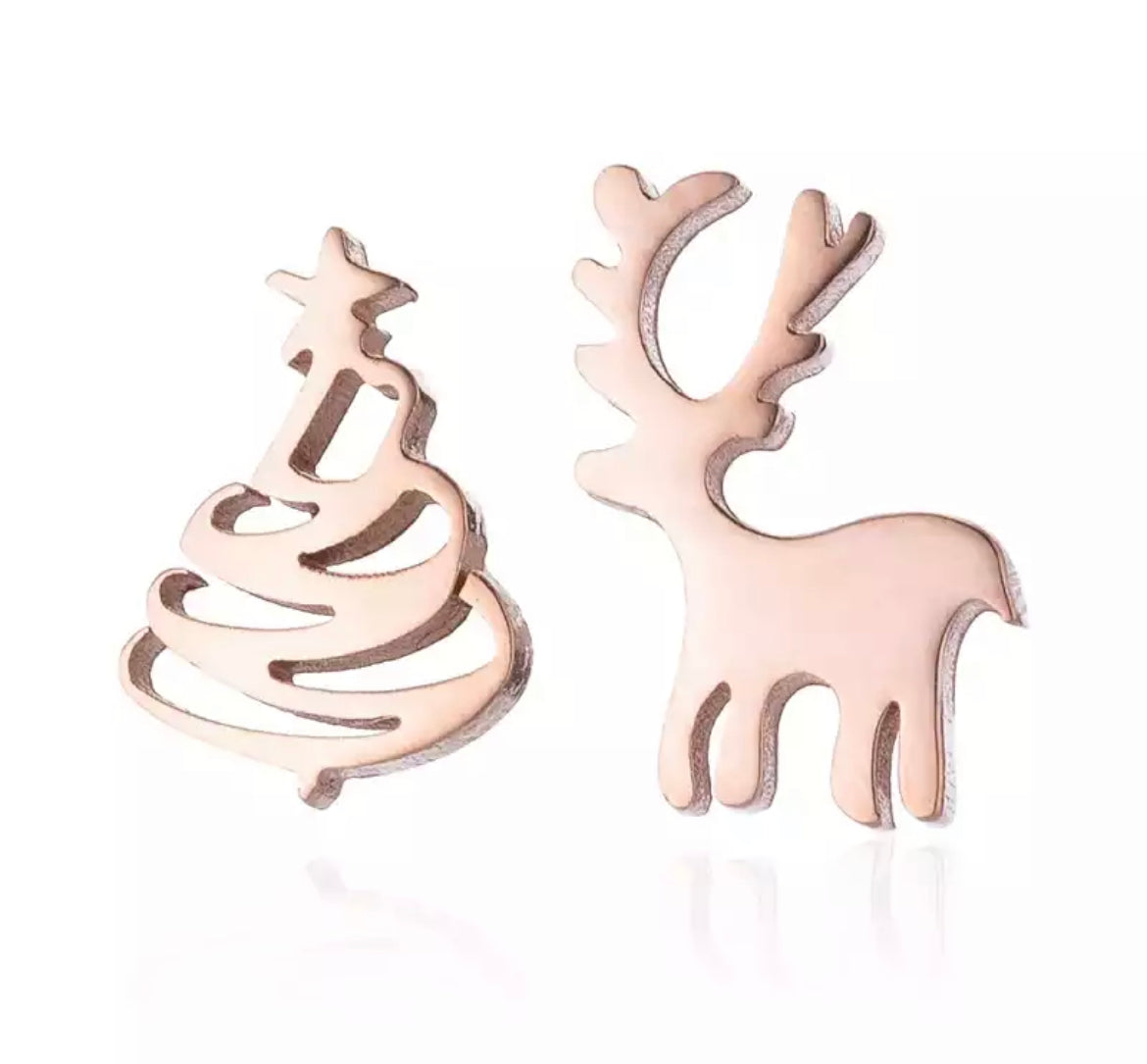 Rose gold plated Christmas tree & reindeer stainless steel studs - 1 pair
