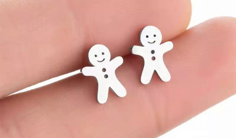 Silver gingerbread people stainless steel studs - 1 pair